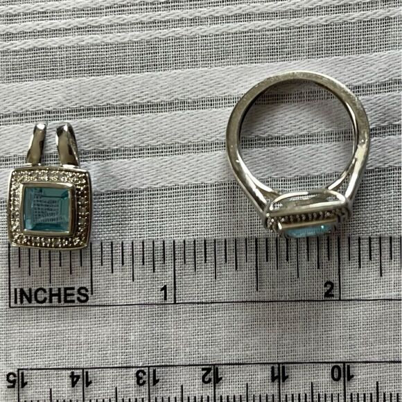 P*M .925 Sterling Silver Cushion Cut Blue Topaz Diamond Halo Ring Pendant Set - Picture 16 of 16